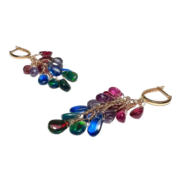 Natural Rainbow Gemstone: Opal Tourmaline Ruby Earrings in Solid 18K Rose Gold - Picture 8 of 15